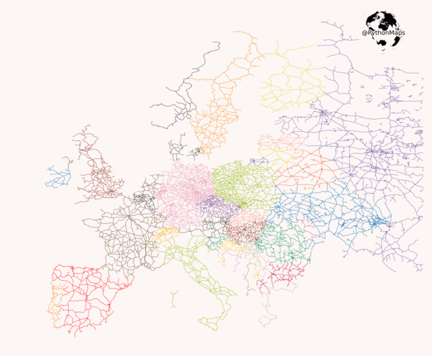 Major railway lines in Europe coloured by country Zoom in 