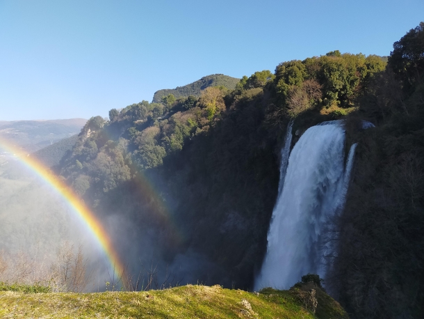 Marmore Falls in Umbria Italy The waterfall was created by romans in rd century BC to drain a wetland that threatened near lands At  meters  ft of total height its one of the oldest and the tallest man-made waterfall in the world 