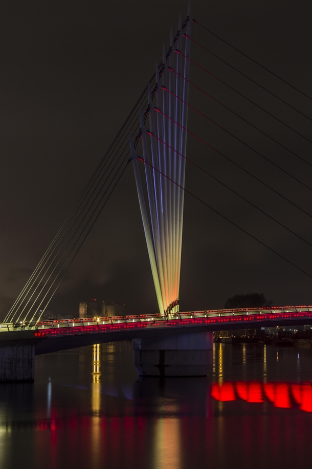 Media city suspension bridge at night 