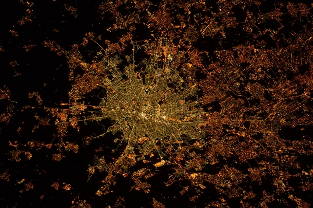 Milan city lights The city limits defined by the colder tones of led lamp posts  Taken from ISS by astronaut Samantha Cristoforetti