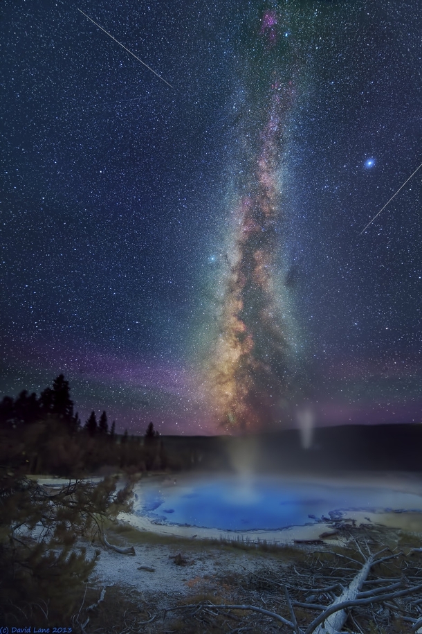 Milky Way and Meteors over the Geysers of Yellowstone  by David Lane