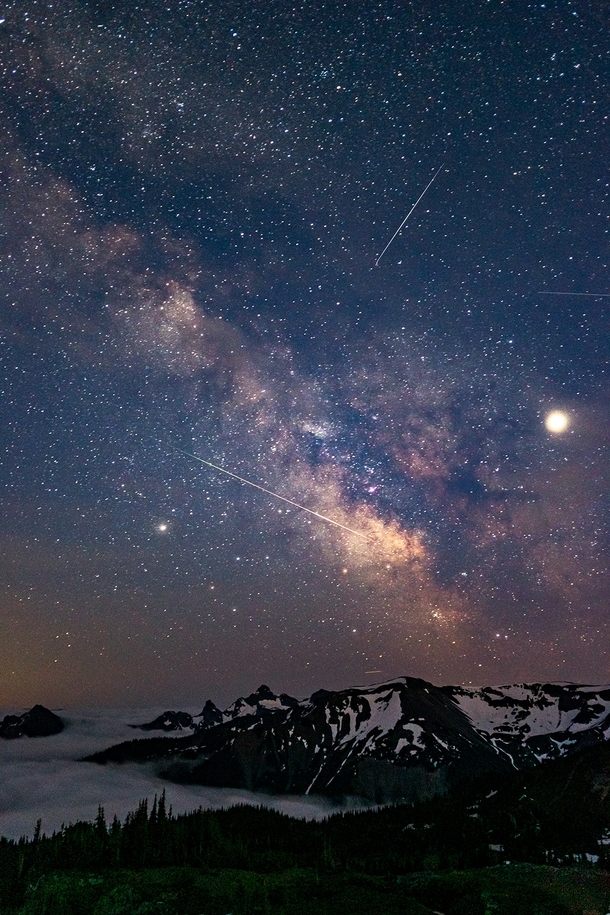 Milky Way Jupiter Saturn a few shooting stars and the Cascade Mountains last night 