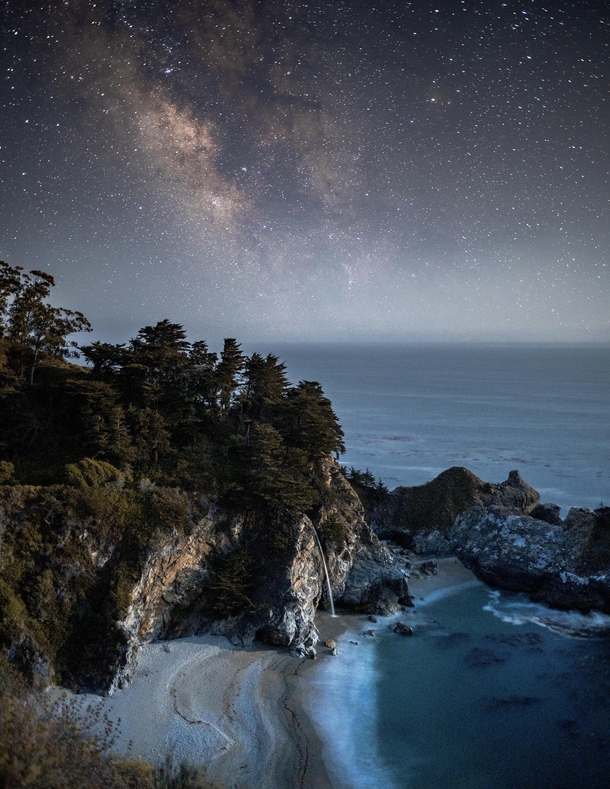 Milky Way over McWay falls in Big Sur California  OC ig xploration
