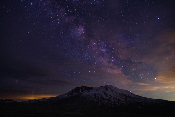 Milky Way over Mt St Helens with light pillars on the left Mount St Helens WA 