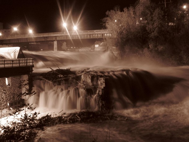 Minor flooding at night- Winooski One Hydroelectric Dam Vermont 