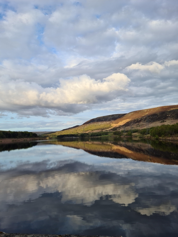 Mirror like waters of the Longdendale reservoirs Derbyshire UK my home turf 