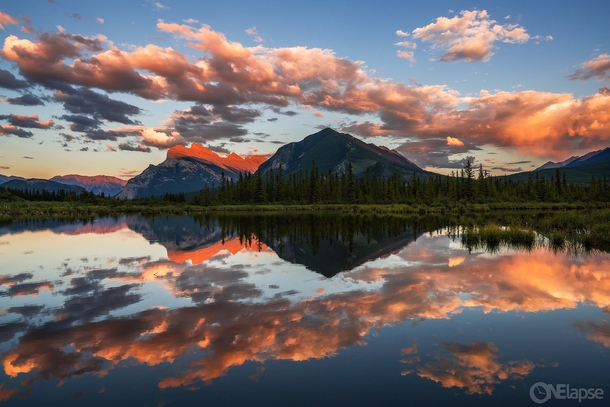 Mirrored Sunset at Vermillion Lakes near Alberta CA 