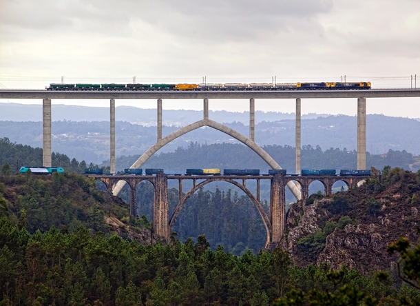 Modern high-speed rail viaduct next to the old railway bridge in Spain