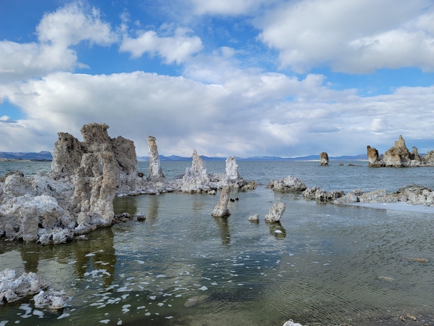 Mono Lake a hypersaline lake in California Water flowing in from small springs deposited calcium carbonate forming the tall tufa structures 