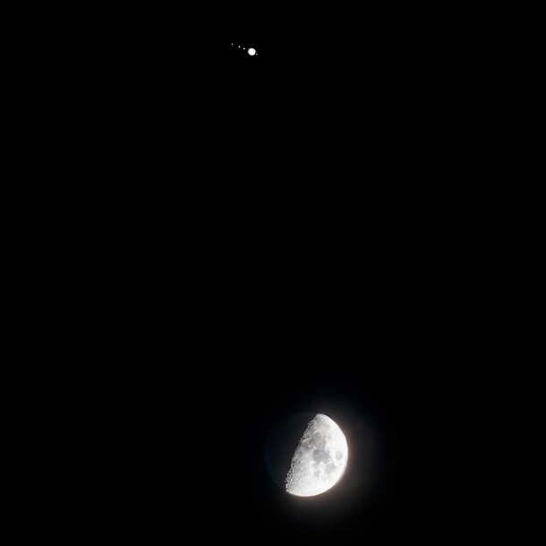 Moon and Jupiter with its  biggest moons Io Europa Callisto and Ganymede 