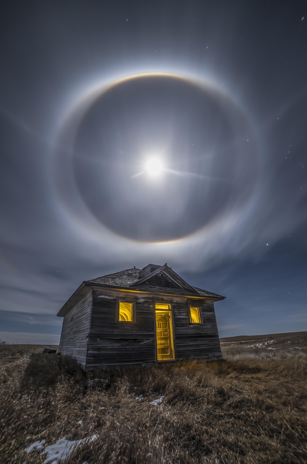 Moon Halo over abandoned house North Dakota