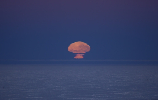 Moonrise at the South Pole is distorted by the atmosphere photo by Christian Krueger IceCubeNSF 
