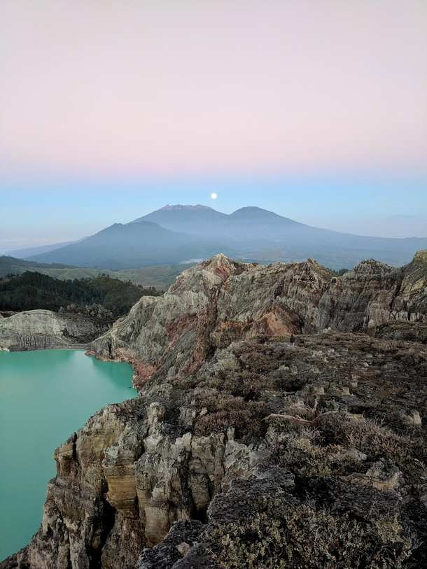 Moonset over the worlds largest acidic lake in the crater of Mt Ijen Never seen anything like it East Java Indonesia 