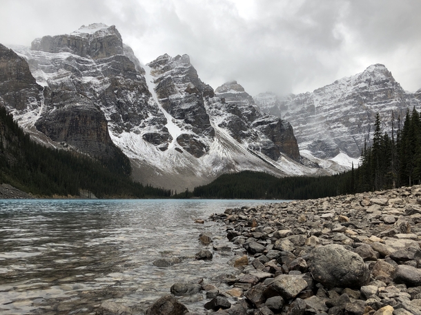 Moraine Lake as a snowstorm blows in from the south