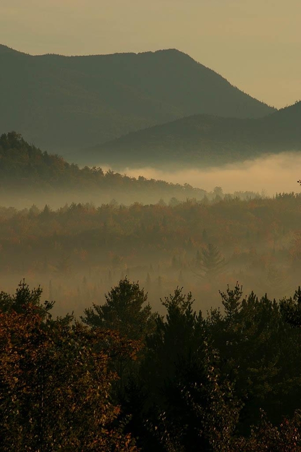 Morning mist in the Adirondacks near Lake Placid NY 