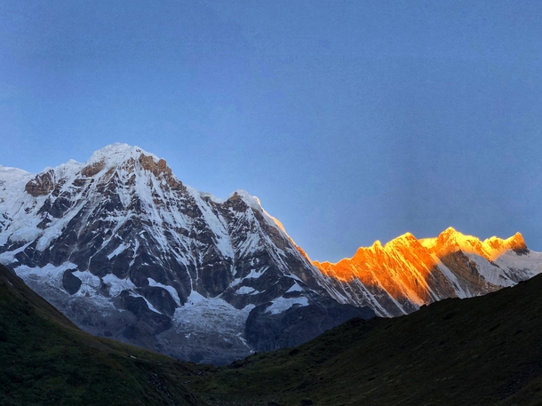 Morning rays turning Mt Annapurna into gold 