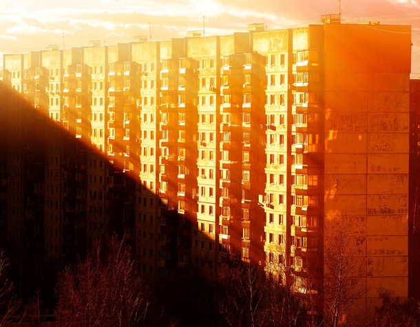Moscow dormitory area during sunset time