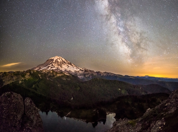 Mount Rainier and the Milky Way reflected in the water  Photographed by Craig Goodwin