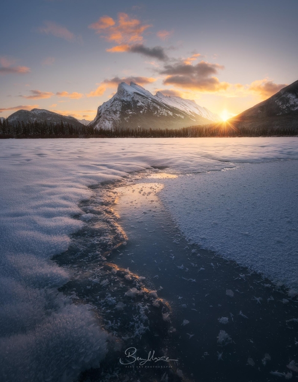Mount Rundle looking over Vermilion Lakes in Banff Canada during a beautiful winter sunrise 