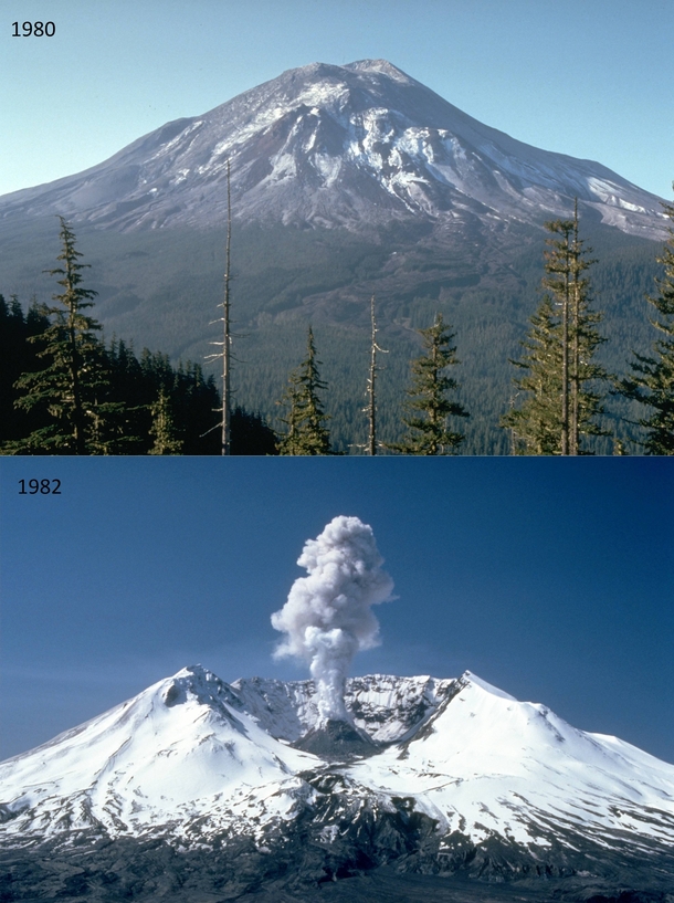 Mount St Helens before and after its eruption 