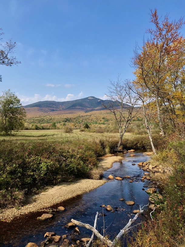 Mount Whiteface dressed in fall foliage from the banks of the Whiteface River 