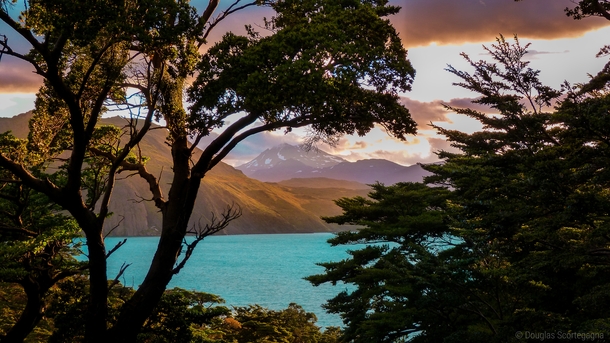 Mountains a turquoise lake in a beautiful frame of Torres del Paine Chile Patagonia 
