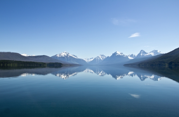 Mountains mirrored off of Lake McDonald in Glacier National Park Montana 