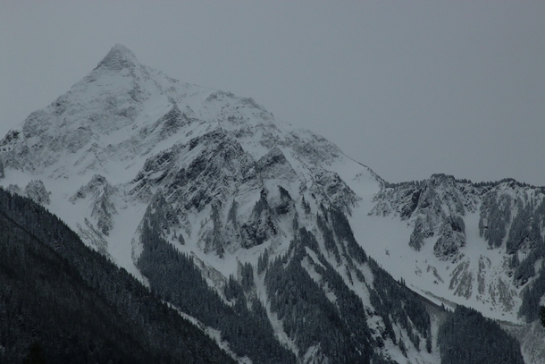 Mt Cheam in the Fraser Valley with a fresh dusting of snow on a cold and dark January day 