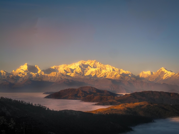 Mt Kanchenjunga at sunset seen from Singalila ridge West Bengal India 