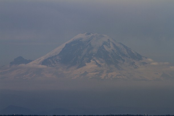 Mt Rainier as shot with a super-telephoto lens from the Space Needle in Seattle roughly  miles away 
