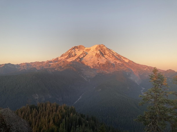 Mt Rainier from Gobblers Knob lookout tower at sunset 