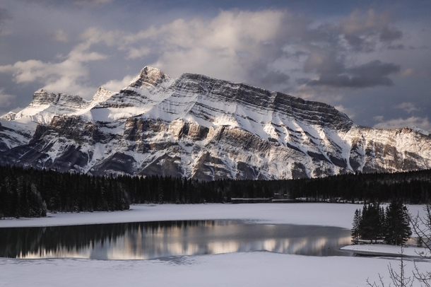 Mt Rundle amp Two Jack Lake after a night of surprise snowstorm at the end of April Banff Alberta 