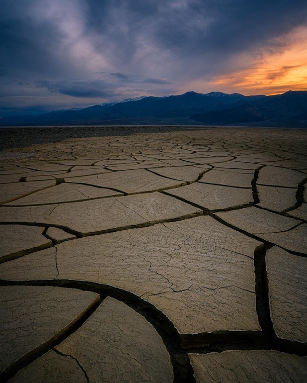 Mudcracks in Death Valley during sunrise 