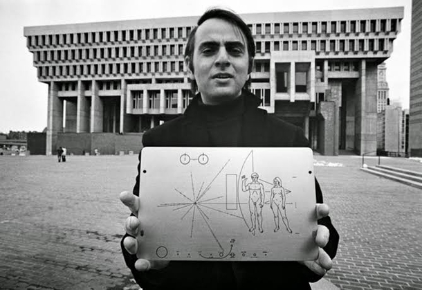 My favourite scientist Dr Carl Sagan holding the famous Pioneer plaque