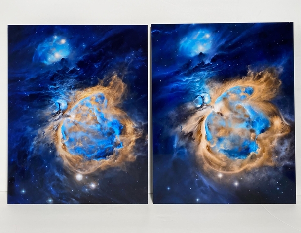 My  hour digital painting of astrofalls image of Orion Nebula - M my painting is on the right his photo is on the left OC