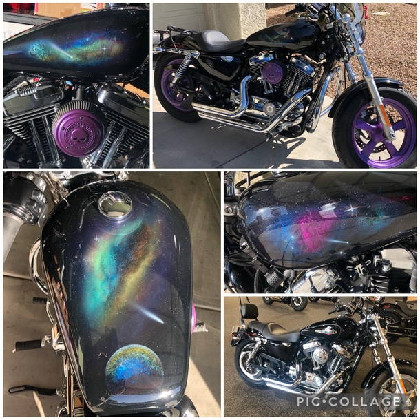 My kid thought my Harley post belonged here too Finally got my bike up to my rocket scientist nerd specs Custom tank paint with nebulae and Juno image of Jupiter