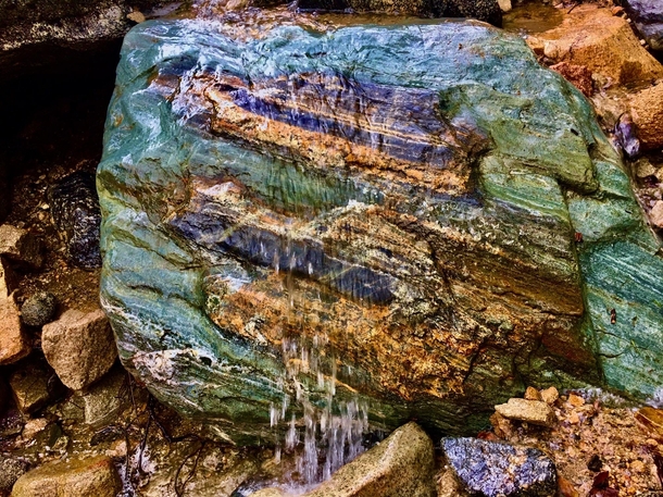 My second favorite rock in the Verdugo Mountains of Southern California  x   - Look at those colors and the little waterfall flowing over it