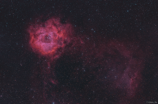 My two-hour exposure of the cosmic rose I mapped red to hydrogen and purple to Oxygen to show the different elements present