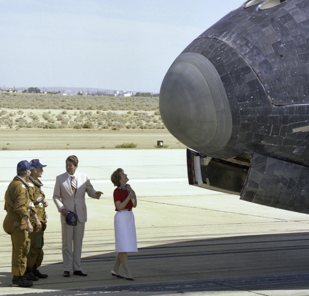 Nancy and Ronald Reagan with Space Shuttle Columbia following its landing July   
