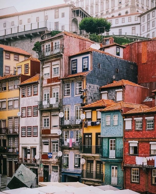 Narrow houses in the historical Ribeira district of Porto Portugal