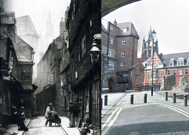 Newcastle UK - The Black Gate with St Nicholas in the background  and present day