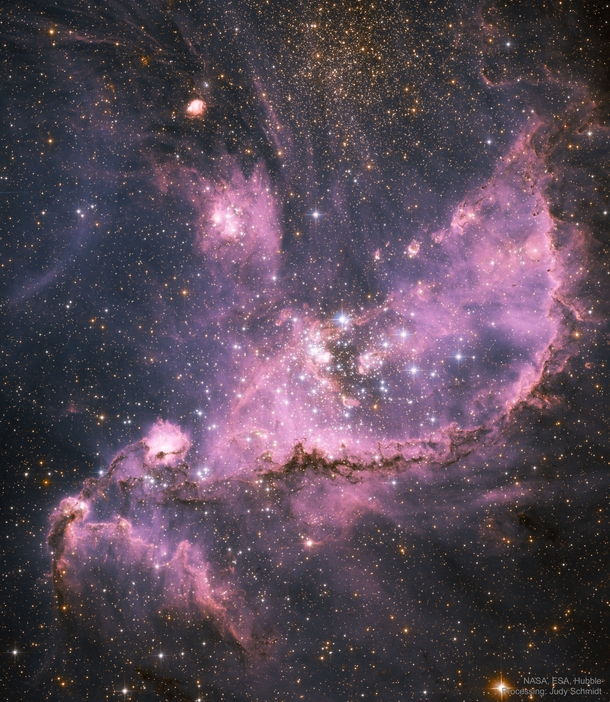 NGC  in the Small Magellanic Cloud The stars in the center and near the top are much older than the thick dark clouds near the bottom full of baby stars still undergoing gravitational collapse Image spans about  light-years across  Credit NASA amp Judy Sc