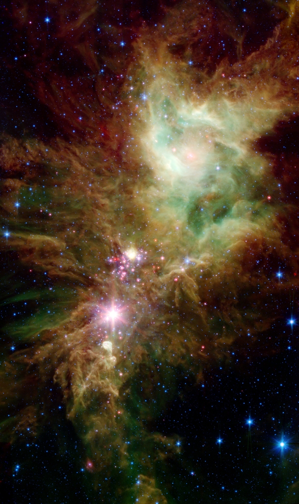 NGC  is located  kly away in the Monoceros constellation This infrared image by NASAs Spitzer Space Telescope allows us to see two clusters of protostars with pink and red spectra Theyre nicknamed the Christmas Tree Cluster and Snowflake Cluster 