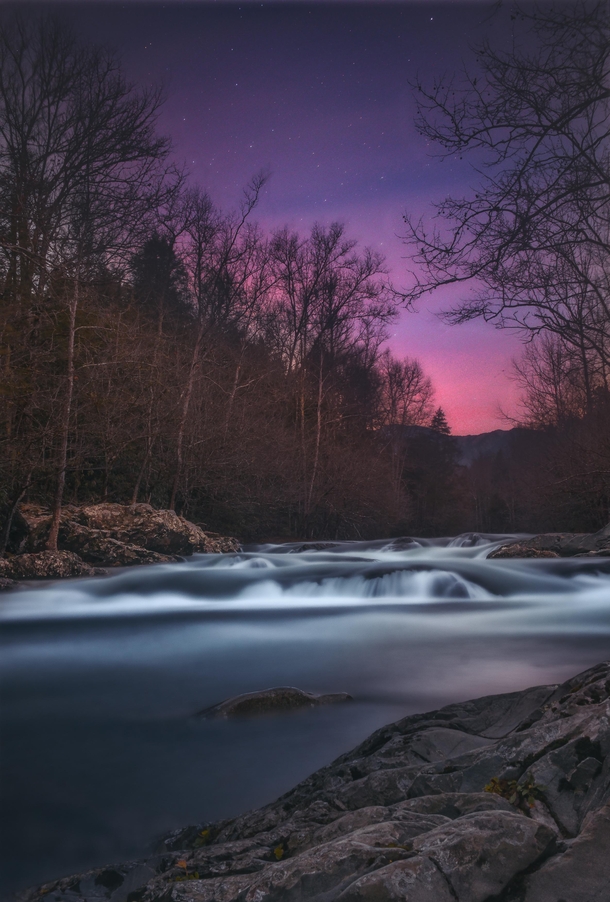 Night sky over the Pigeon River in the Great Smoky Mountains National Park 