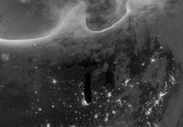 Night time view of Auroras over North America in this October   satellite image NASAEarth Observatory 