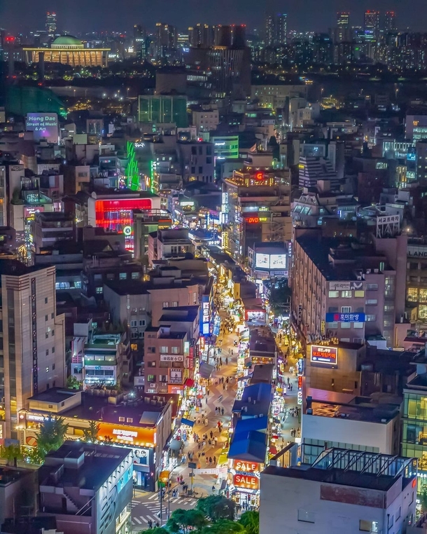 Nightlife in the Hongdae neighborhood seen from above Seoul South Korea