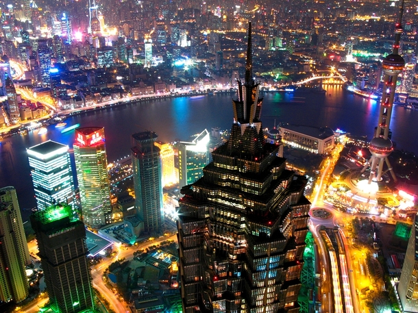 Nighttime view from the th-floor observatory of the Shanghai World Financial Center 
