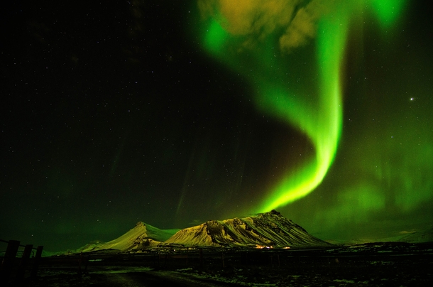 Northern lights above Akrafjall in Iceland 