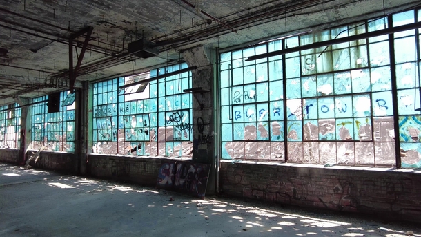Nothing left but this beautiful blue glass at the Fisher Body Plant Detroit MI