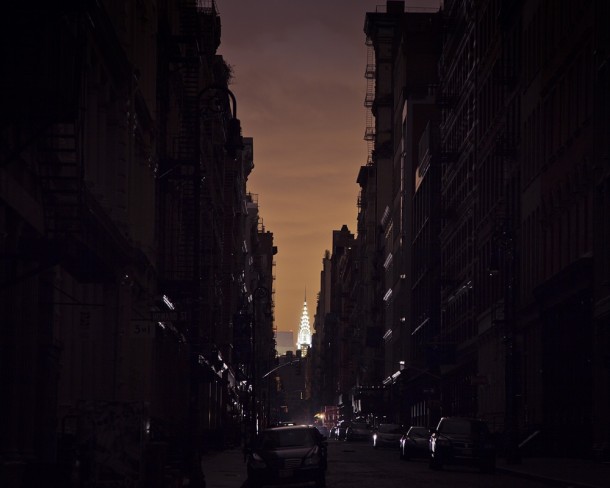 NYC during Hurricane Sandy - the Chrysler Building lit up from a darkened Soho 